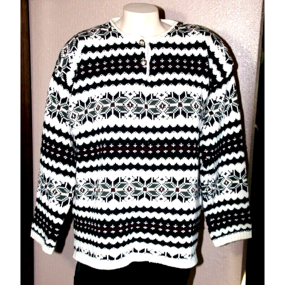 VTG Eddie Bauer Nordic Snowflake Sweater Womens M Medium Cream Navy Green Red